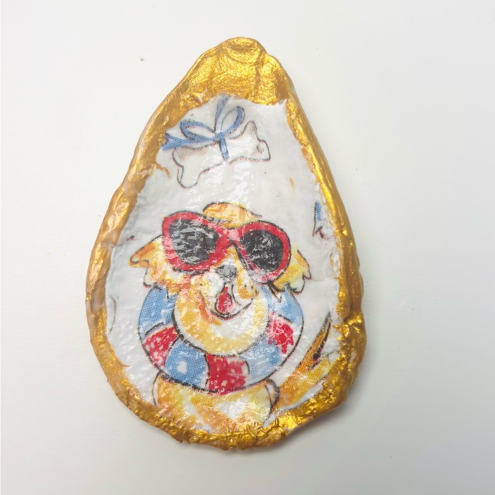 Handcrafted Oyster Shell Ring Dish Mini W/Dog With Tube Decoupage